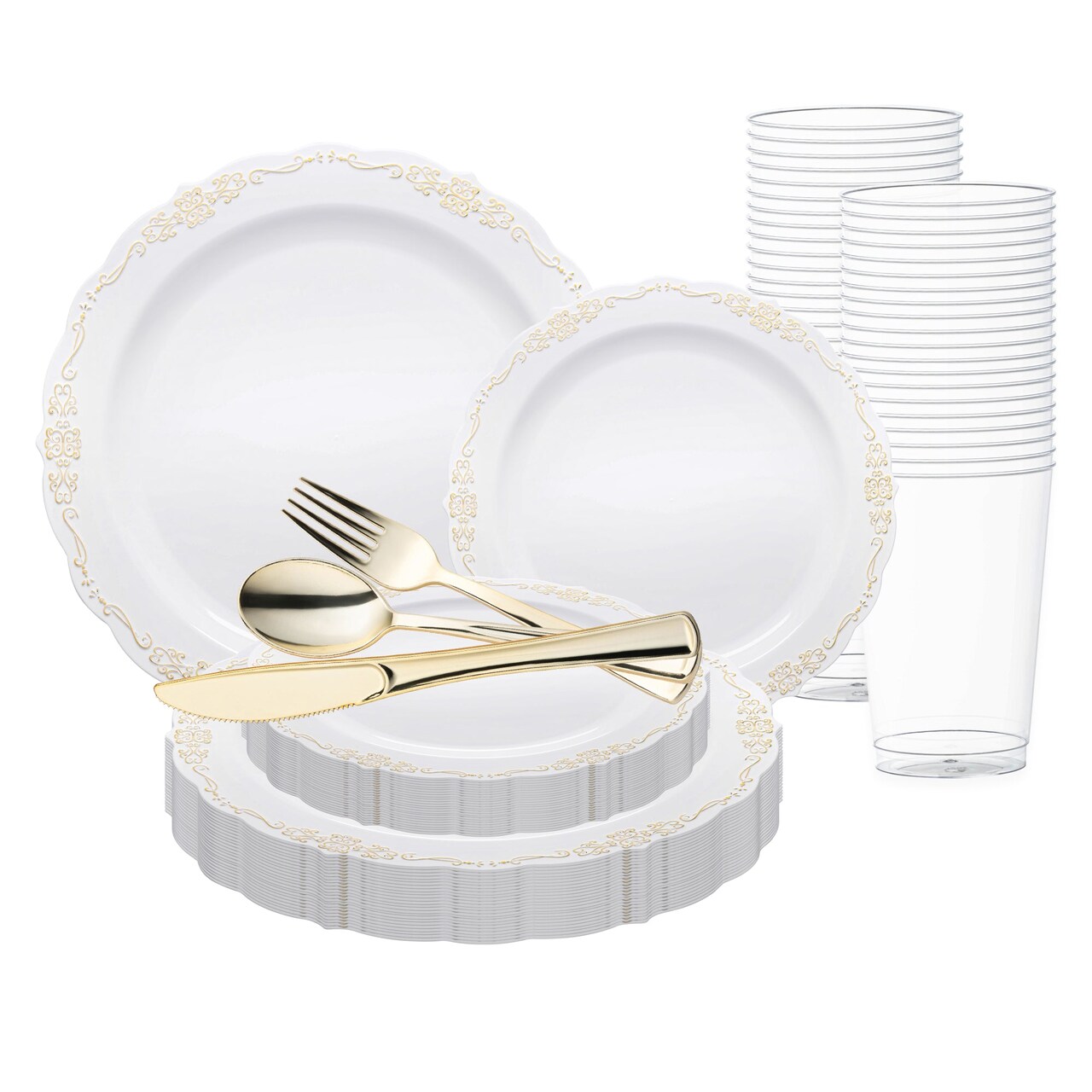 White with Gold Vintage Rim Round Disposable Plastic Wedding Value Set (20 Settings)